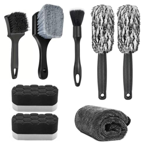 Dtenlur 8PCS Juego de Limpieza Coche Cepillo para Llantas y Neumáticos Cepillo para Detalles de Coche Esponja de Pulido para Neumáticos Cepillo de Microfibra para Ruedas con Toalla para Limpiar Llanta