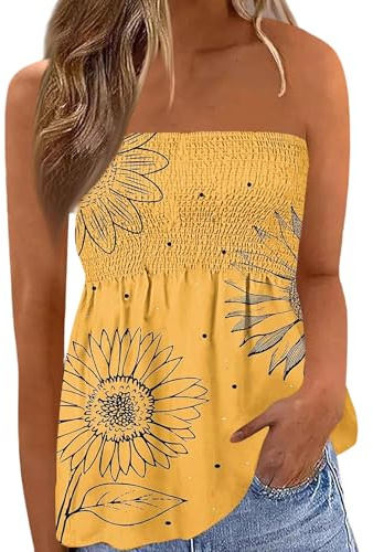 Nsdoiouw Women Strapless Bandeau Tube Top Smocked Flowy Tank Casual Sleeveless Vest Tops Summer Flowy Tunic Tee Shirt Blouse Beachwear