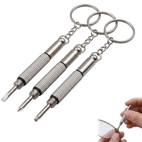 Set med 3 miniskruvmejslar för glasögon, optiker, 3-i-1 precisionsskruvmejsel, liten skruvmejsel för ögonglasögon, klockor och smycken, reparationssats med nyckelring - silver