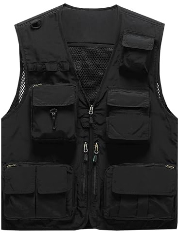 Flygo Men's Casual Lightweight Outdoor Fishing Work Safari Travel Photo Cargo Vest Jacket Multi Pockets Large, Black
