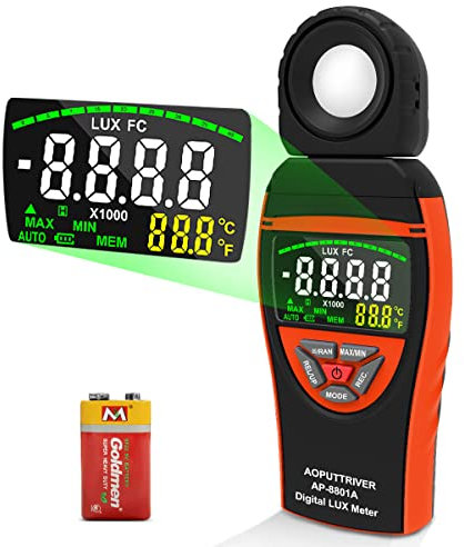 AOPUTTRIVER AP-8801A Luxómetro Digital 0.1~400,000Lux Fotómetro de Mano de Pantalla Colorida Exposímetro con Retención de Datos+MAX/Min+Almacenamiento de Datos+Lux/FC+Temperatura Ambiental
