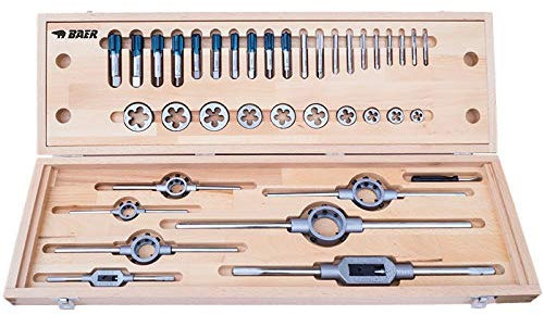 BAER HSS Gewindeschneider-Satz MF 3-12 - Metrisches Feingewinde | Gewindeschneid-Sortiment im Holzkasten: Handgewindebohrer & Schneideisen & Betätigungswerkzeuge