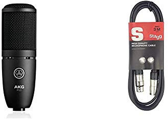 AKG P120 High Performance General Purpose Recording Microphone, Studio Quality, Large Diaphragm, Highly Versatile, Rugged and Robust Design - Black & Stagg 3m XLR to XLR Plug Microphone Cable