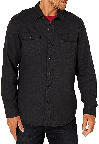 Amazon Essentials Men's Slim-Fit Flannel Long-Sleeve Shirt, Two-Pocket, Plaid, Black, X-Large