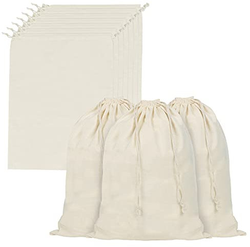 Belle Vous 10 Pack of Cotton Muslin Produce Storage Bags with Drawstrings - W40 x H50cm / 15.74 x 19.68 Inches - Vegetable Canvas Bags