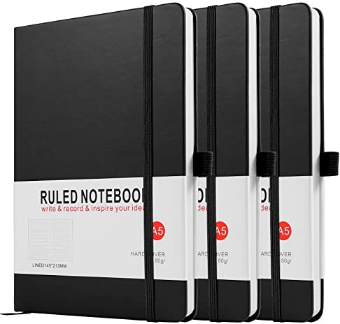 Notebook A5, 3 Pack Journal A5 Notebook 200 Pages 80 GSM Journal Notebook Hardback Notepad with Lined Pages, Pen Loop and Expandable Paper Pocket, Journal Notepad Note Book (Black)