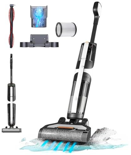 Lavapavimenti Lava, Aspira e Asciuga tutti i tipi di pavimenti con Doppia Tanica 0.6L Acqua Pulita e 0.8L Sporca, con Display Led e Sensori per il Grado di Sporco in Omaggio Staffa di Supporto