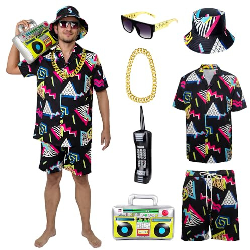 YQVGFBY 80-tals 90-tals outfit herr retro skjortor och shorts set, hip-hop strand t-shirts och shorts, joggingdräkter, baddass-dräkter, karnevaldräkter