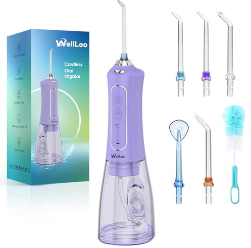 WellLeo Irrigador bucal para dientes, irrigador oral inalámbrico de 300 ml, púas dentales recargables con 5 modos, 5 puntas de chorro, limpiador de dientes impermeable IPX7 para el cuidado de las