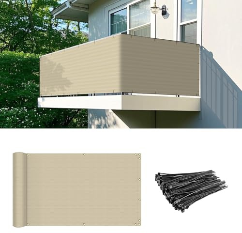 DAWNOVO 3' x 15' Balcony Privacy Screen Fence Cover with Zip Ties Grommets for Apartment Patio Porch Deck Backyard Outdoor (Beige)
