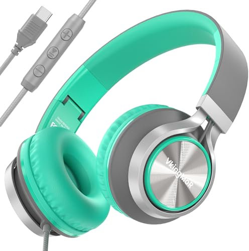 VkingMoR Cuffie cablate con microfono, cuffie di tipo C, controllo del volume di tipo C, on-ear con filo per laptop, telefono, cuffie cablate sopra l'orecchio (verde)