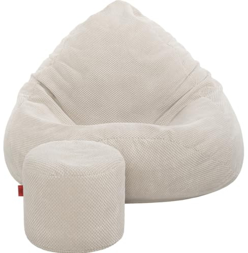 Slevobox Pouf Poire avec Repose-Pieds Beige 95x95x120cm - Pouf Geant XXL avec Remplissage - Velours Doux et Élégant - Bean Bag pour Chambre et Salon - Fauteuil Confortable pour Chambre Enfant