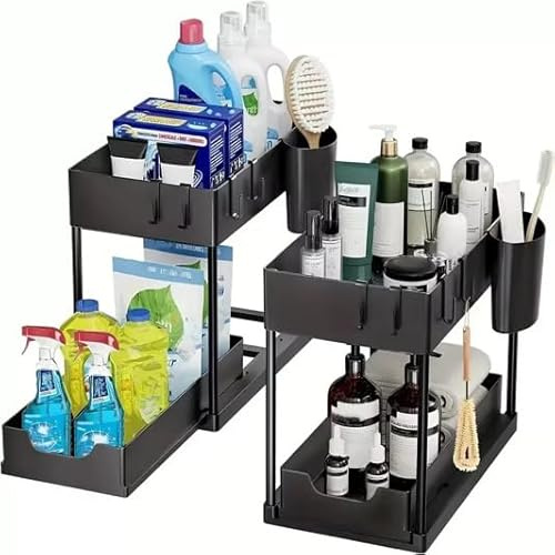 CHARBAG 2PCS Under Sink Storage Organiser | 2 Tier Sliding Kitchen Storage Rack with Side Pockets and Hooks | Undercounter Kitchen and Bathroom Storage Unit | No Tool Assembly | Black
