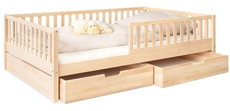 Ehrenkind® Kinderbett Buche Livo | FSC Zertifiziert | Kinderbett mit Rausfallschutz | Massivholz inkl. Lattenrost | 120x200 cm Natur mit Doppelschublade | Bett 90x200 | Inkl. Rausfallschutz