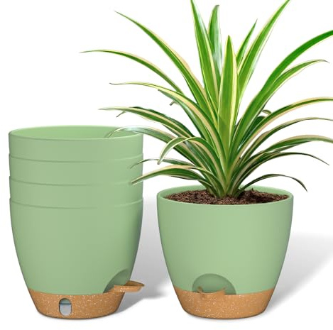ZMTECH Vasi Autoirriganti da 15 cm (Set da 5, Verde) – Con Finestra di Livello Idrico, Fori di Drenaggio e Sottovaso, Fioriera per Interni ed Esterni