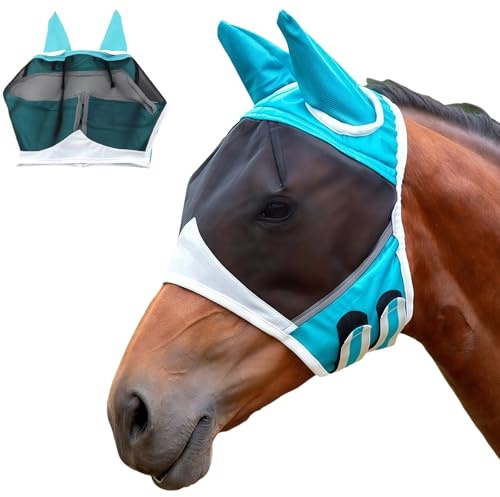 LUMOOM Máscara antimoscas para caballo, con protección UV, máscara para caballos con protección para las orejas, orejas de mosca, gorro de mosca, máscara para caballos (S, azul)