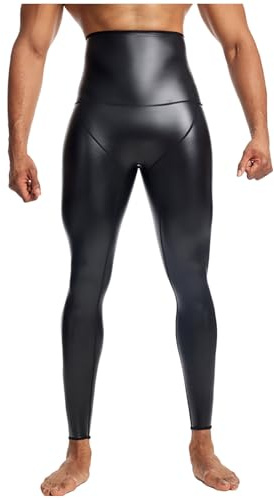 Legging effet mouillé brillant en cuir synthétique pour homme - Taille haute - Corset - Coupe du ventre - Collants de compression - Pantalon de sport - Collants de sport - Clubwear - Noir et corset