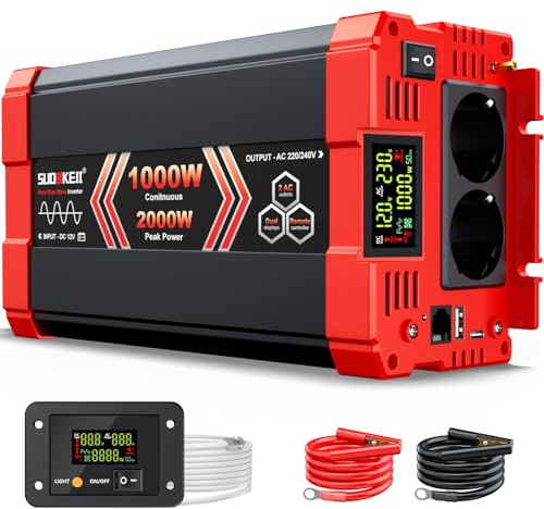 SUDOKEIJI Inverter 1000W Onda Sinusoidale Pura 12V a 230V Convertitore di Tensione con Telecomando Schermo LED 2 Prese AC Porta USB 30W Type C per Camper Camion Solare Casa