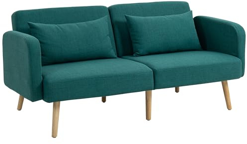 HOMCOM Schlafsofa, 3-Sitzer-Sofa mit Bettfunktion, 2 Kissen, Polstersofa mit verstellbare Armlehne, Leinenoptik, für Wohnzimmer, Schlafzimmer, 170 x 83 x 80 cm, Grün