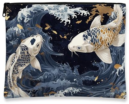 Bolsa de maquillaje artística de peces de carpa, elegante bolsa de cosméticos con olas del océano para mujer, organizador portátil de lona con cremallera, bolsa de aseo de viaje de verano, Azul marino