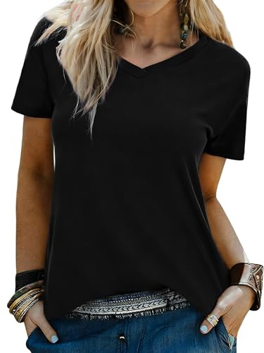 Wayleb Haut Femme Été Tee Shirt Manches Courtes Col V T-Shirt Basique Coupe Ajustée Top Élégant Décontracté Couleur Unie