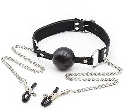 JiXGzAo Bavaglio A Sfera Con Morsetti Per Capezzoli Bondage Sessuale Bavaglio Per Bocca In Pelle Bavaglio A Sfera Catena Per Clip Per Capezzoli BDSM Gioco Di Ruolo Schiavo