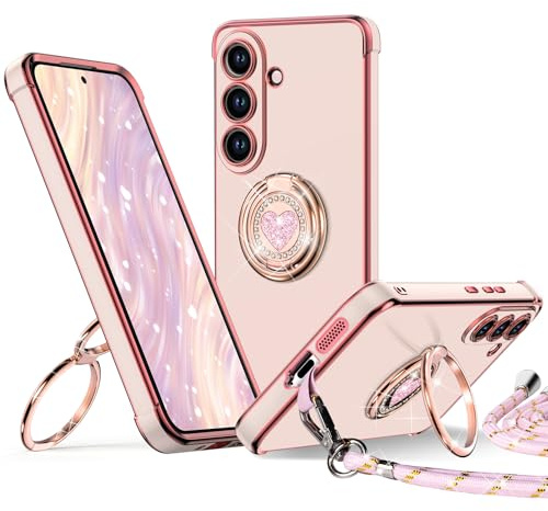 XYZ Coque pour Samsung Galaxy S26 Plus, avec Double Anneau de Support Cœur, avec Lanière pour Filles etmmes, Coque de Protection Luxe Mignonne et Scintillante pour Samsung S26 Plus, Rose