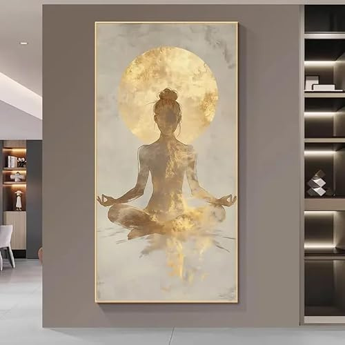 Modern målning Abstrakt meditation Canvastavla Beige Guld Lugn meditation Poster Minimalistisk Vardagsrum Sovrum Yoga (70X140cm)
