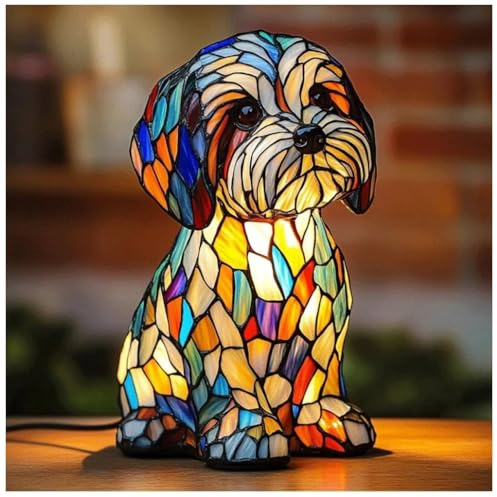 Lámpara de perro con vidrieras de arco iris, lámpara de cristal para cachorros, lámpara LED ambiental de arcoíris para cachorros, lámpara retro 3D para perros pequeños con vidrieras brillantes para