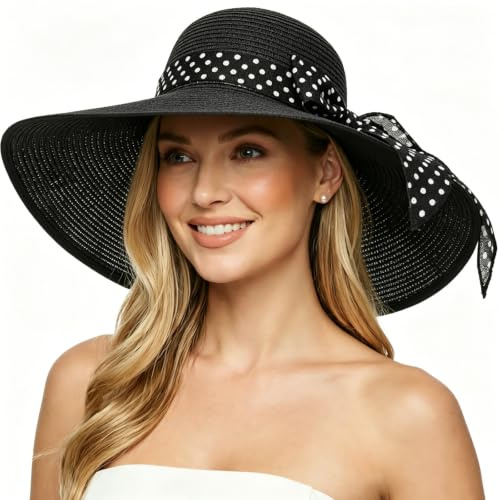 DRESHOW Femme Capeline Chapeau de Paille Chapeau à Large Bord Casquettes Anti-Soleil Respirant Pliable Rouleau Plage Cap Chapeau de Soleil UPF 50+