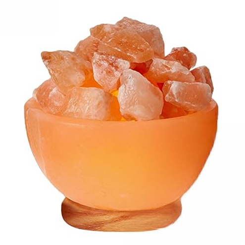 Himalayan Glow Massage Bowl Lamp with Natural Salt Crystal Chunks, Dimmer Cord with Classic Wood Base - Natural Crystal Salt Lamp with Mood Lightening and Night Light