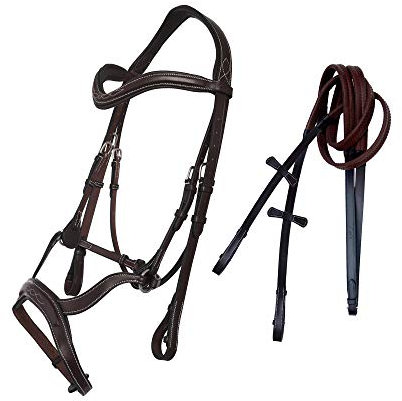 ExionPro Exion English Jumping Bridle for Horses with Combined Flash Noseband | Anatomical Monocrown Padded Headpiece & Rubber Reins | Black/Brown Show Bridle for Eventing & Training