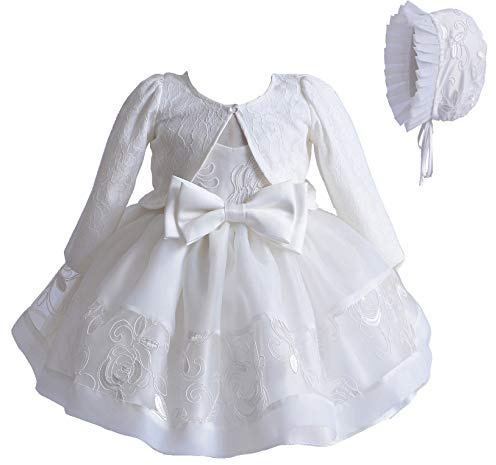 Carolilly Robe Tutu Tulle Bébé Fille Ensemble 3 Pcs Robe sans Manche avec Nœud + Boléro Manche Longue + Bonnet Robe de Princesse pour Baptême Mariage Anniverssaire Bal (Blanc E, 9-12 Mois)
