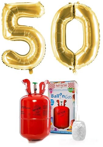 PARTY FACTORY Helium Set 50 mit XXL Zahlenballons, Ballongas und Ballonschnur - für Geburtstag, Jubiläum, Jahrestag; Gold, Silber, Schwarz, Pink, Rosa, Rosagold, Bunt (Gold)