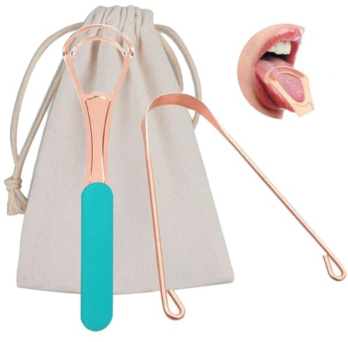 2Pcs Copper Tongue Scraper, Tongue Cleaner Set for Adults Kids, Stainless steel Wide Double Blades Oral Tongue Brush Cleaning Scrapping Sweeper for Fresh Breath and Mouth Hygiene Care with Travel Bag