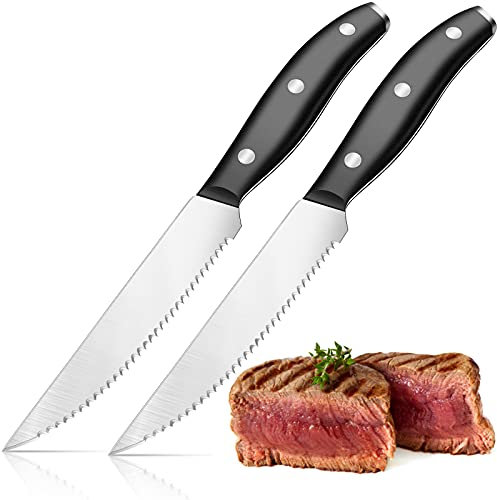 Home Safety Steak Knives, Set of 2, Steak Knife Set Made of Stainless Steel with Ultra Sharp Serrated Edge, Non-Slip Ergonomic Handles, Serrated Knives with Gift Box