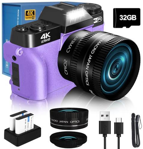 4K digitalkamera för fotografering VJIANGER 48 MP WiFi-vloggkamera med 180° flip-skärm, 16 x digital zoom, 52 mm vidvinkel och makrolins, 2 batterier, 32 GB TF-kort (W02-CY13)