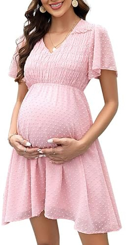 Clearlove gravidklänning för kvinnor i schweizisk prickig chiffong med korta ärmar för sommaren, ROSA, S