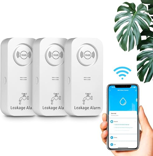 Detector de Agua WiFi (WiFi de 2,4 G), Alarma de 90 dB con Sensor de Agua y aplicación de Alarma, Alarma de Agua inalámbrica, para tuberías, dormitorios, cocinas, baños, sótanos (3 Unidades)