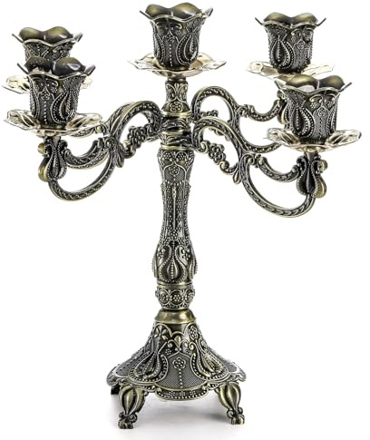 Peohud 5-Candle Metal Candelabra, 10 Inch Tall 5 Arms Candle Holder Stick for Taper Candles, Vintage Candelabra Candle Stand for Home Decor, Event, Wedding, Party