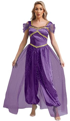 CHICTRY Arabisk prinsesskostym för kvinnor, Aladdinoutfit, paljetter, overall, guldtrimning, jumpsuit, volang, dansklänning för karneval, temafest