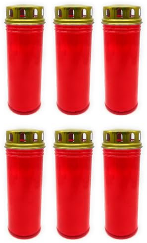 Tradineur - Confezione da 6 veloni di santo con coperchio in metallo antipioggia, candele liturgiche di paraffina e cera vegetale, decorazione di chiese, cimiteri, tombe (Rosso-18 cm)