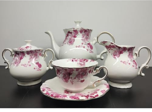 fanquare 21 Pieces Red Lotus Porcelain Tea Set, Elegant Floral Coffee Cup and Saucer Set, Afternoon Tea Set for Adult Gifts