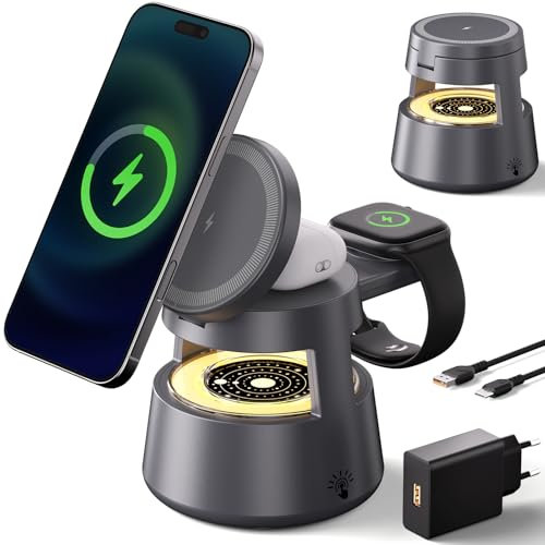 VOSFEEL 4 en 1 Soporte de Carga Inalámbrica Magnético, 15W Qi Certificado Portátil con Luz – Cargador Rápido para iPhone 16/15/14, Samsung, AirPod 2/3/pro, Serie de Apple Watch 5-9, etcétera