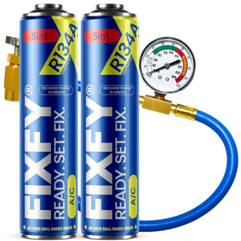 FIXFY 5 i 1 R134a kylmedelsersättning med olja, torktumlare, tätningsmedel, gas och UV-färg – set med rör och tryckmätare, 2 x 500 ml burkar – för att fylla luftkonditioneringen i