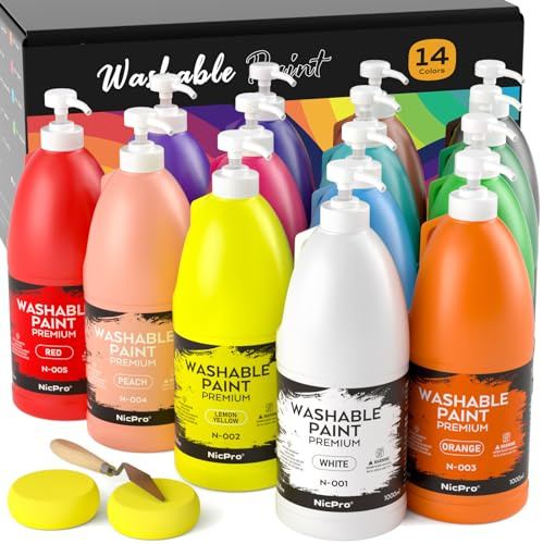 Nicpro 14 Colors Large Washable Paint Set (33.8 oz, 1000ml), Acrylic Bulk Paint Supplies Non Toxic Children Tempera Paint for Art, Craft DIY, Poster & Finger Paint, School, Home,Classroom