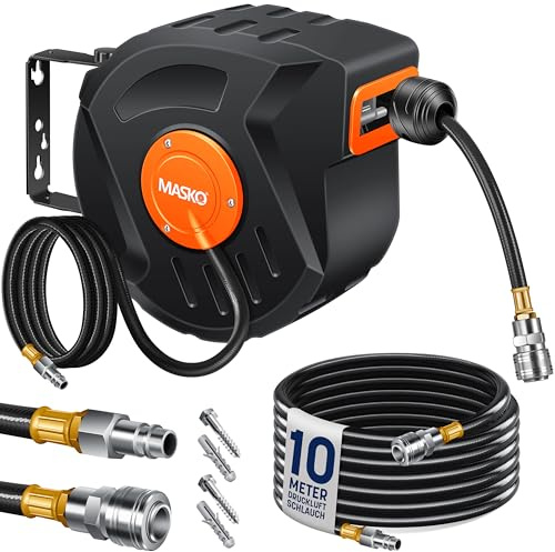 MASKO® Avvolgitore per tubo ad aria compressa automatico Attacco 1/4 - Avvolgitubo Portatubo a muro Avvolgitore per tubo Avvolgitore per tubo ad aria compressa, Grigio, 20m