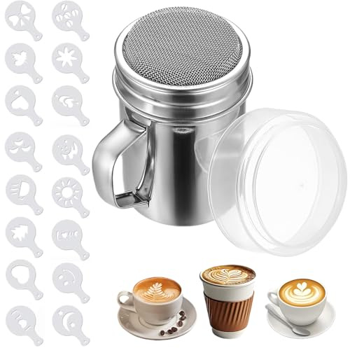 Stainless Steel Chocolate Shaker - 200ML Powder Sifter,Sugar Salt Shaker,Powder Shaker,with Handle and Lid,with 16 Moulds,for Cake Decorating,Baking,Cocoa,Cappuccino