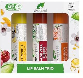 Dr Organic - Assorted Lip Balm Trio - SPF 15 Protection - Vitamin E, Aloe Vera Cherry & Manuka - Vegetarian, Cruelty, Paraben & SLS Free - 5.7ml - 3 Pack