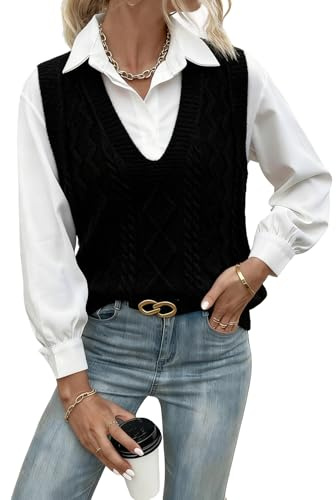 GOZINA Gilet a Collo a V Elegante per Donne,Nero-Gilet Maglione Senza Maniche per Donne,Bianco; Maglione a Maglia Stile Accademia,Moda Autunnale-Invernale (IT, Testo, M, L, Regular, Regular, Nero)